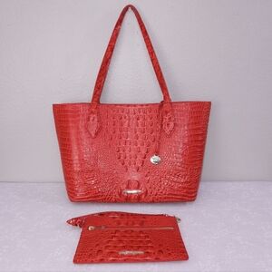 BRAHMIN Athena Tote & Pouch Candy Apple Red Croc Embossed Leather Bag